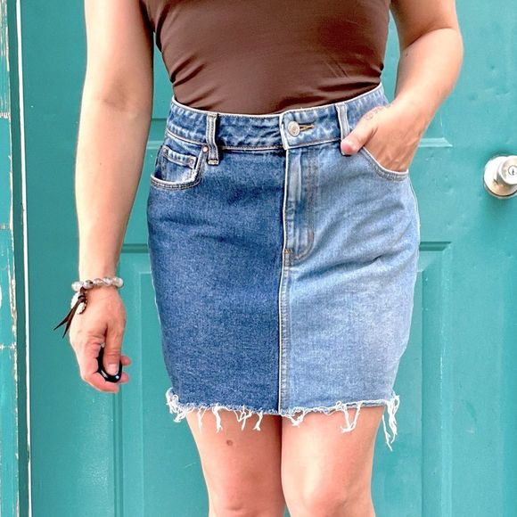 PacSun Dresses & Skirts - Custom Distressed Light And Dark Denim Color Block Pac  Sun Denim Mini Skirt